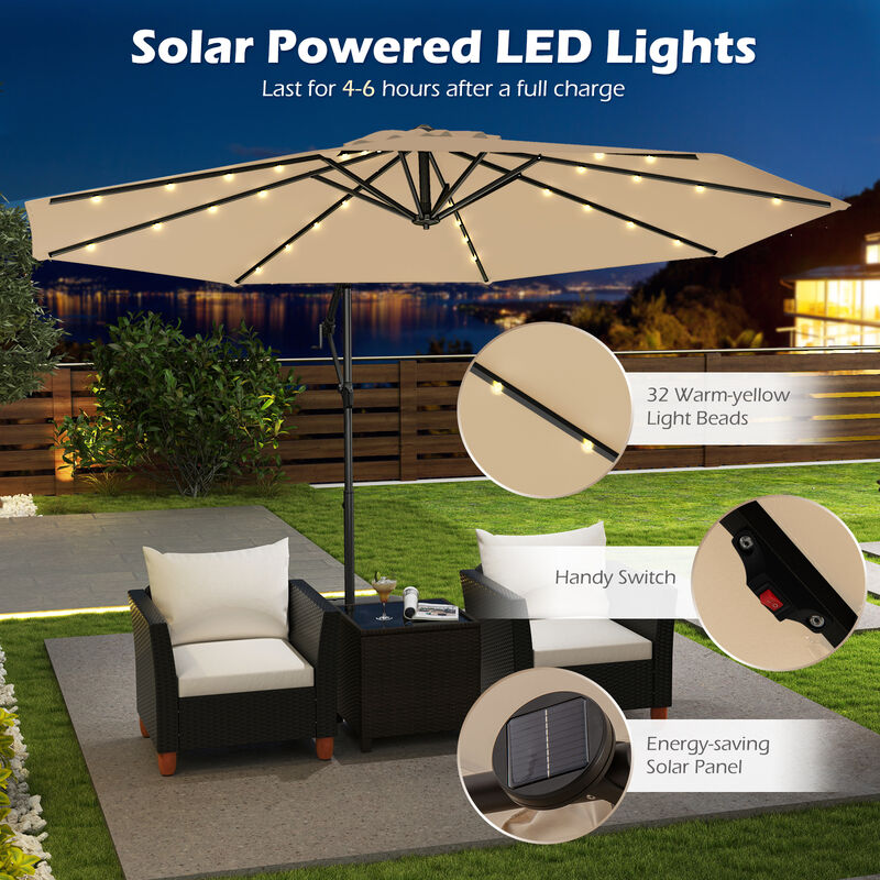 Solar Offset Umbrella with 32 LED Lights &ndash; Hanging Patio Shade with Base