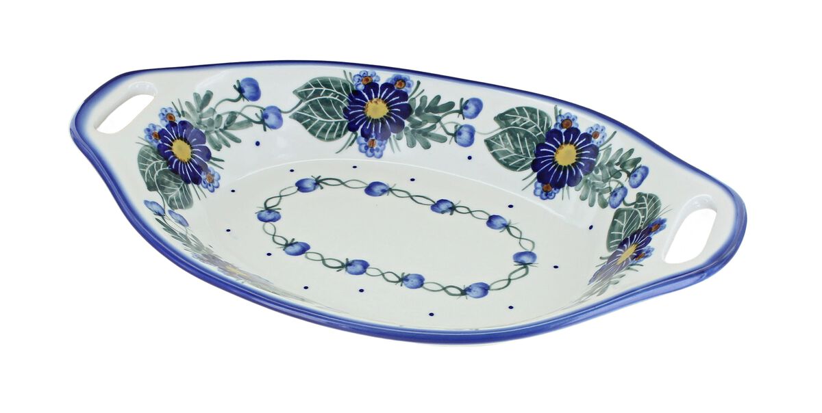 Blue Rose Polish Pottery Pansies Oval Dish with Handles