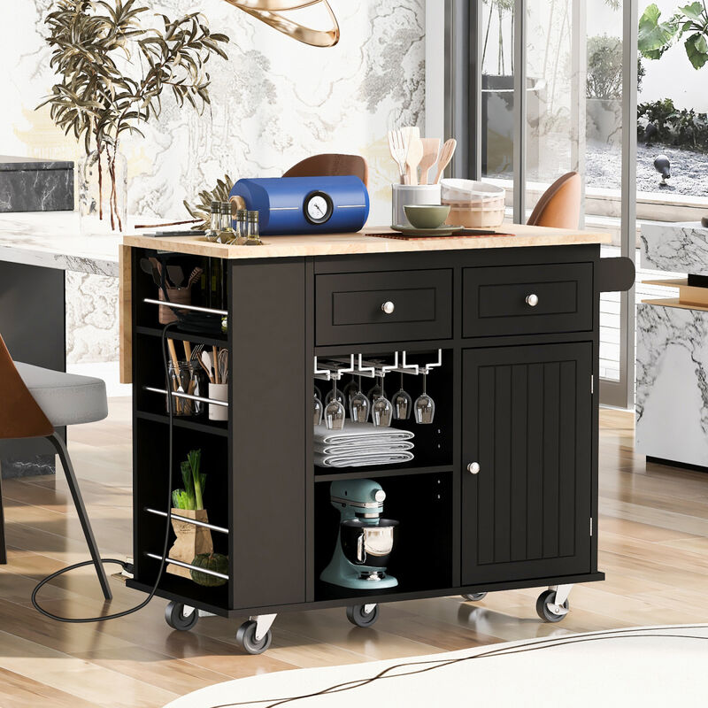 Kitchen Island with Power Outlet, Kitchen Storage Island with Drop Leaf and Rubber Wood, Open Storage and Wine Rack,5 Wheels, with Adjustable Storage for Home, Kitchen, and Dining Room, Black