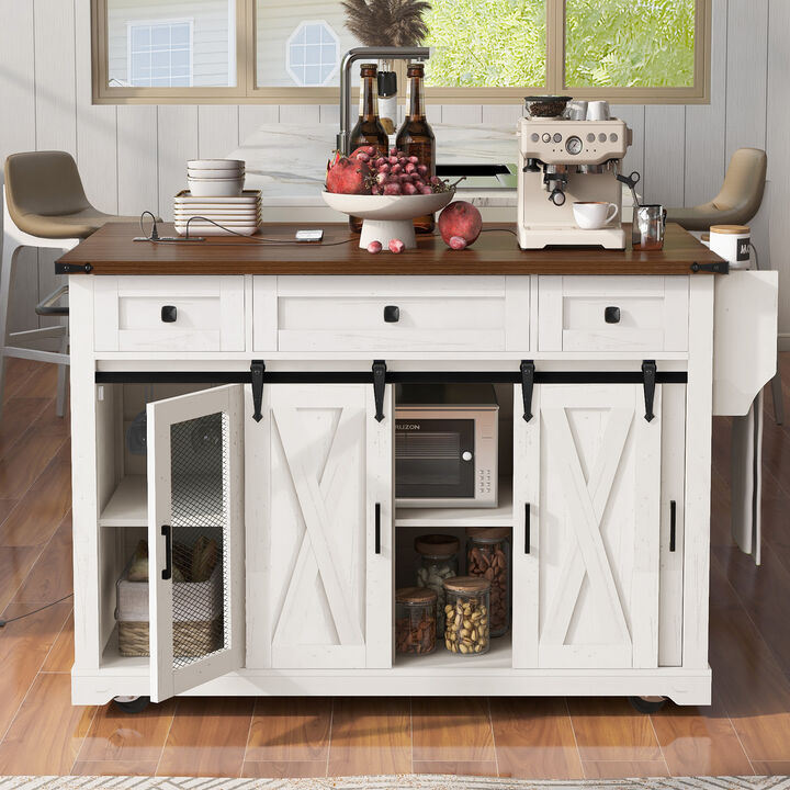 Merax Farmhouse Kitchen Island with Storage, Sliding Barn Door & Metal Grid Side Door