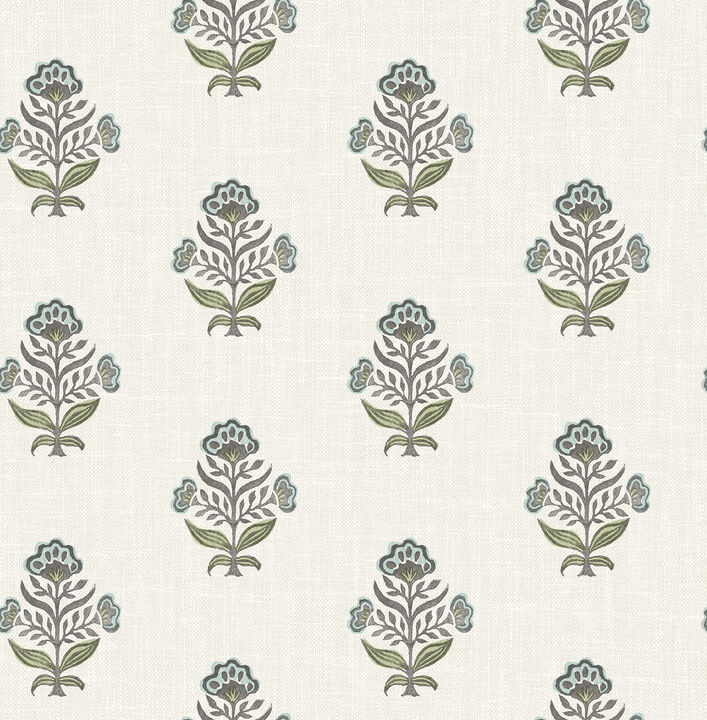Hollyhock Aqua Floral Crest Wallpaper