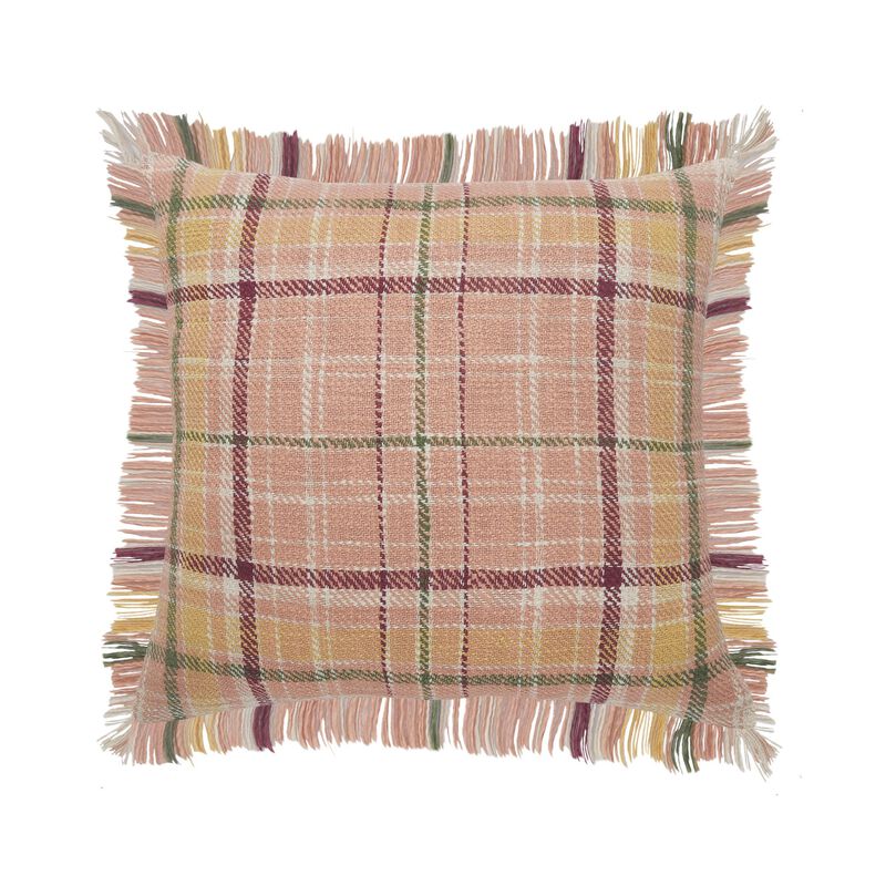 20" Pink and Green Plaid Square Throw Pillow with Fringes image number 0