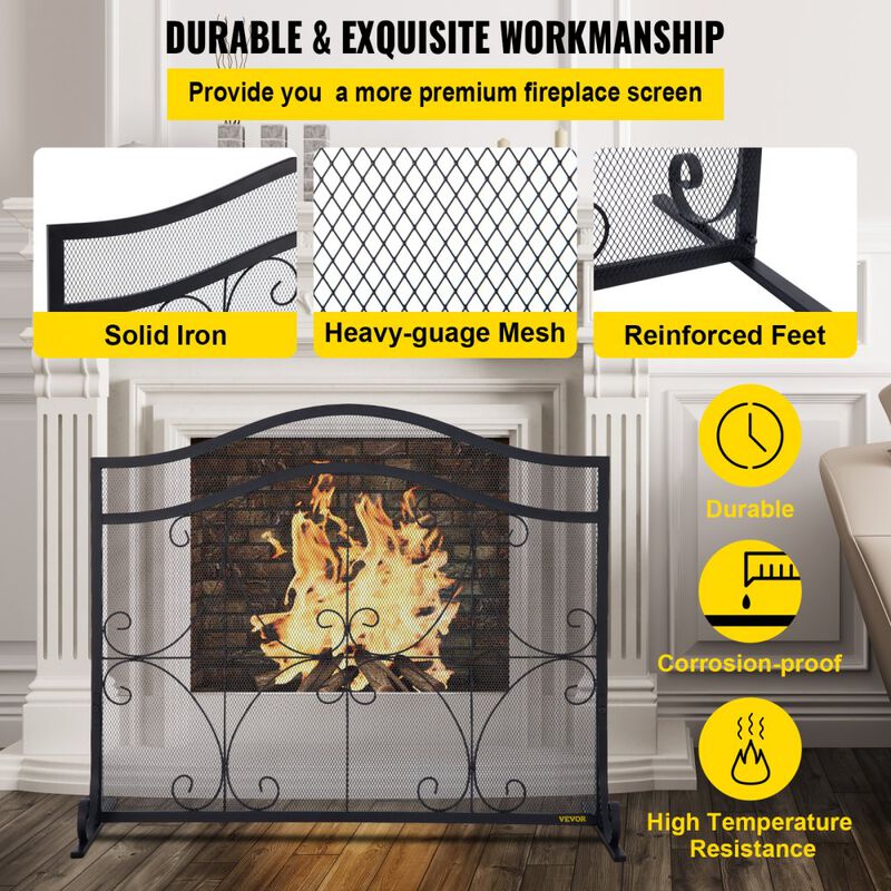 Iron Fireplace Screen with Spark Protection, Mesh Panel and Fireplace Accessories Set-Black image number 6