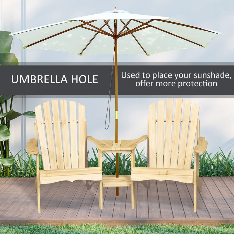 Outsunny Wooden Adirondack Chair for Two, Outdoor Fire Pit Chair Set with Table & Umbrella Hole, Patio Chairs for Deck Lawn Pool Backyard, Natural