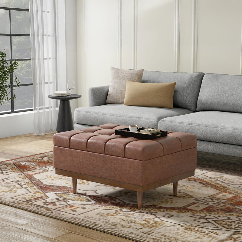 Mariah 34 inch Wide Contemporary Rectangle Coffee Table Storage Ottoman in Distressed Saddle Brown  Vegan Faux Leather, Assembled image number 2