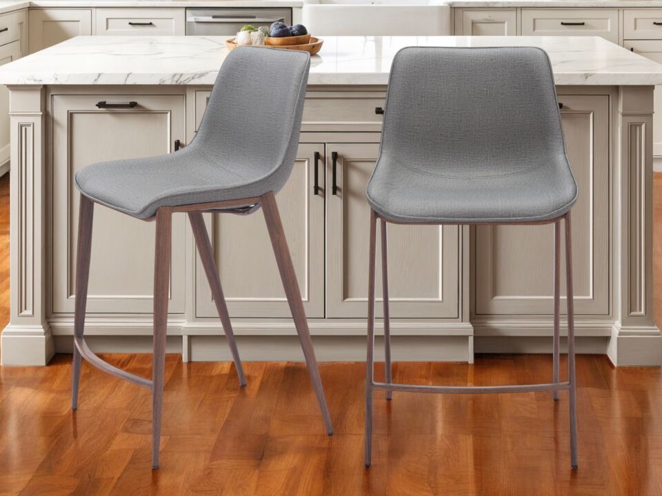 HomeRoots Set of Two 26" Slate Gray and Brown Faux Leather and Steel Counter Height Bar Chairs