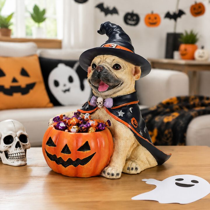 Worip Halloween Resin Dog Witch Figurine with Pumpkin Candy Bowl