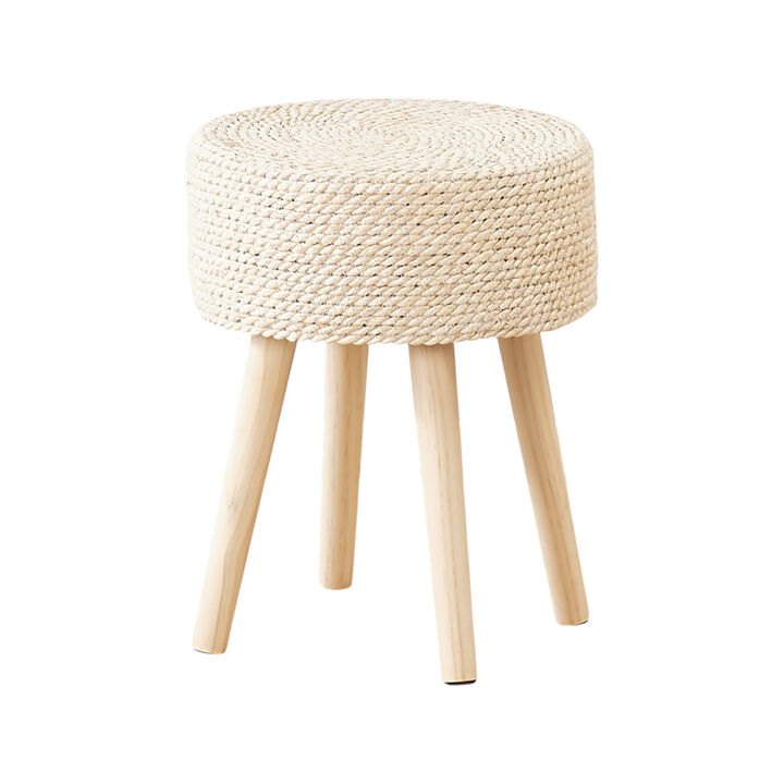 Round Seagrass Ottoman Footstool with Solid Wood Legs, Handwoven Hyacinth Pouf
