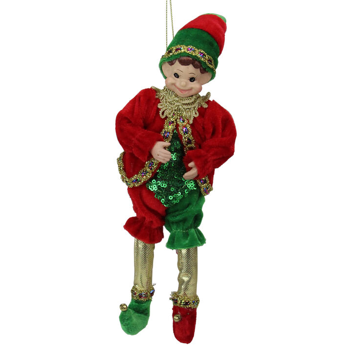 12" Red and Green Bendable Elf in a Suit Hanging Christmas Ornament