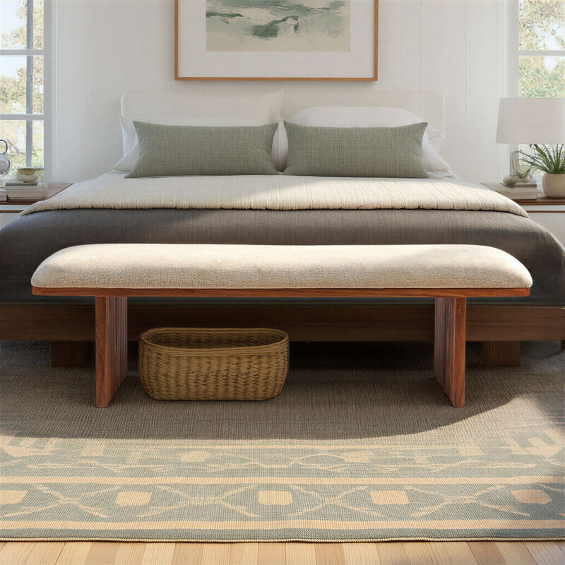 Rectangular Acacia Wood and Crushed Velvet Bench image number 5
