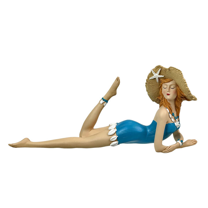 Lounging Beach Girl Sunbathing Figurine Blue Swimsuit Retro Nautical Decor