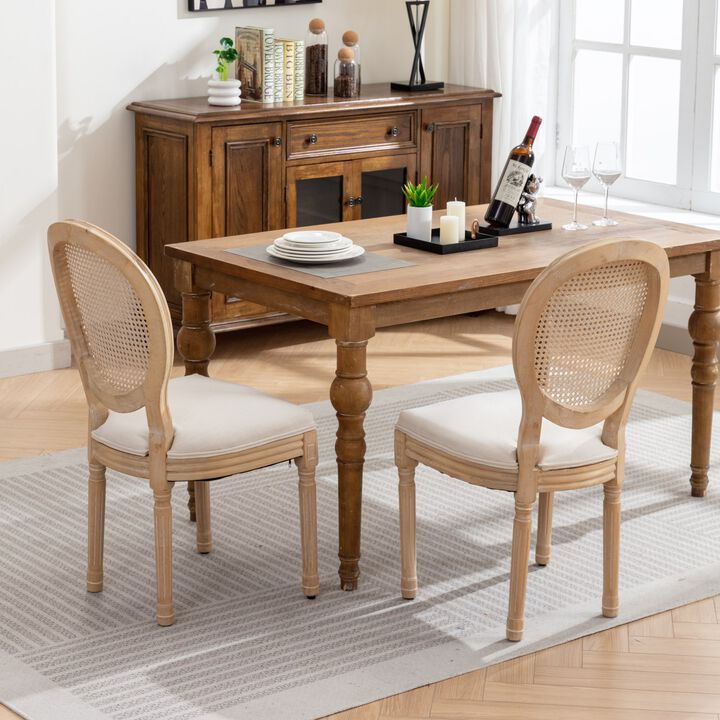 Whisen French Style Dining Chair, Solid Rubberwood Frame with Linen Upholstery and Rattan Back, Set of 2 for Living Room Kitchen