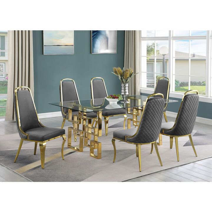 7-piece glam dining set with 6 Dark grey chairs and one 79" glass dining table