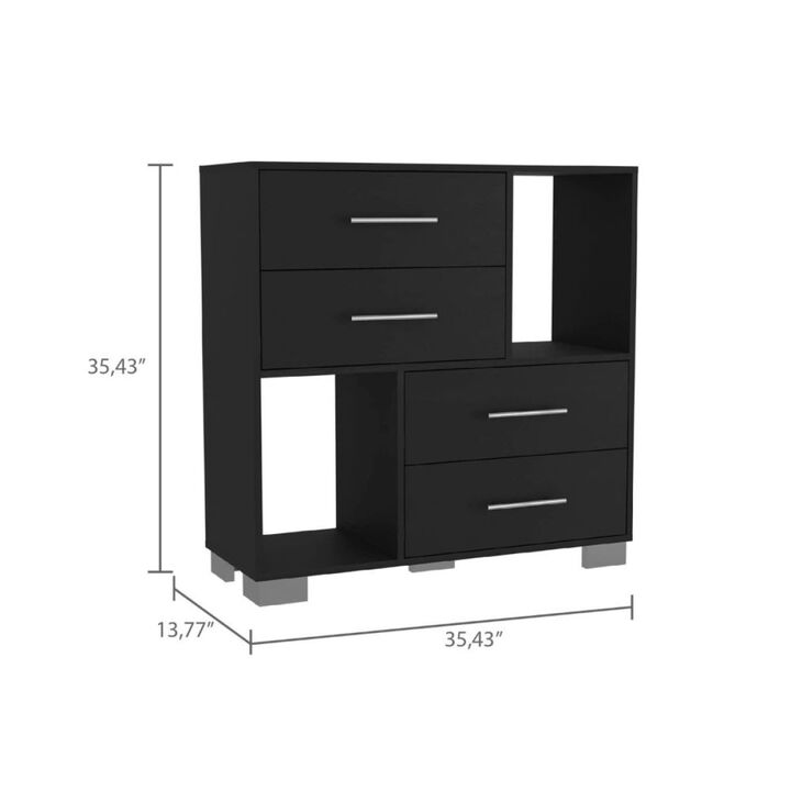 Krista Dresser, Two Open Shelves, Four Drawers -Black