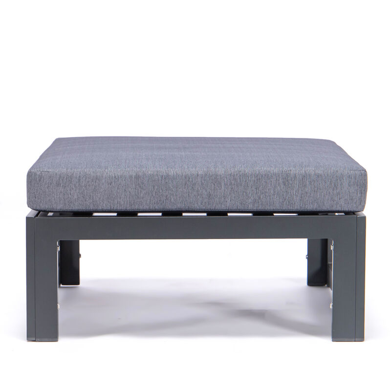 LeisureMod Chelsea Set of 2 Outdoor Patio Ottomans, Black Aluminum with Cushions, Weather-Resistant Footstools for Garden or Deck
