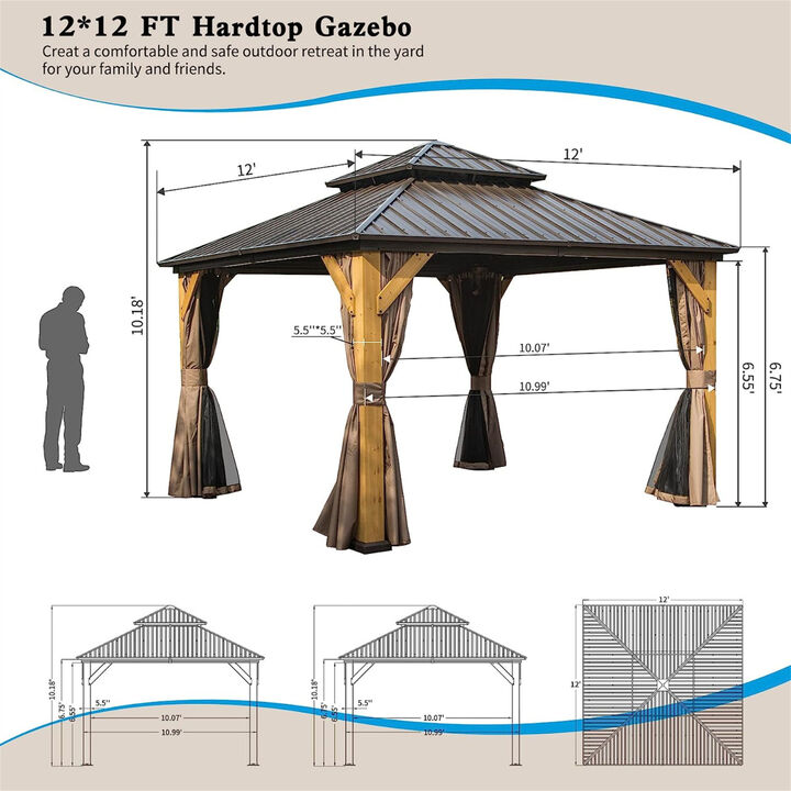 12'x12' Hardtop Gazebo, Outdoor Cedar Wood Frame Canopy with Galvanized Steel Double Roof, Outdoor Permanent Metal Pavilion with Curtains and Netting for Patio, Backyard and Lawn(Brown)