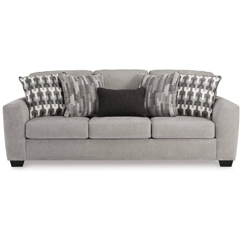 Delaney Sofa, Gray Polyester, 5 Accent Throw Pillows, Black, 97 Inch - Benzara