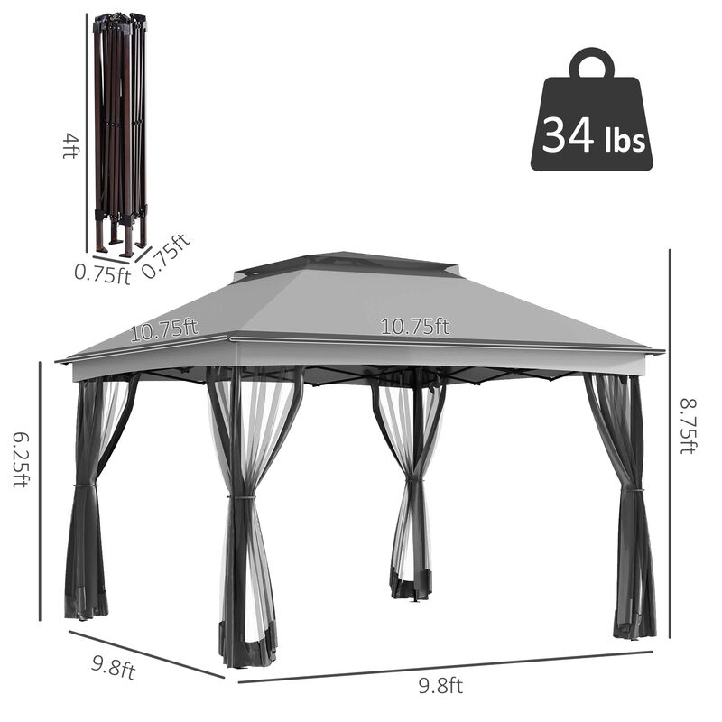 Outsunny 11' x 11' Pop Up Canopy, Outdoor Patio Gazebo Shelter with Removable Zipper Netting, Instant Event Tent w/ 114 Square Feet of Shade and Carry Bag for Backyard, Garden, Light Gray