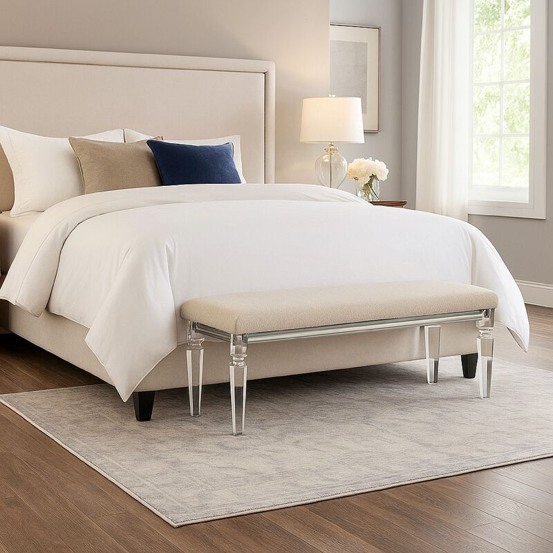 Rara Bench, Beige Padded Seat, 54 Inch Clear Tapered Acrylic Legs