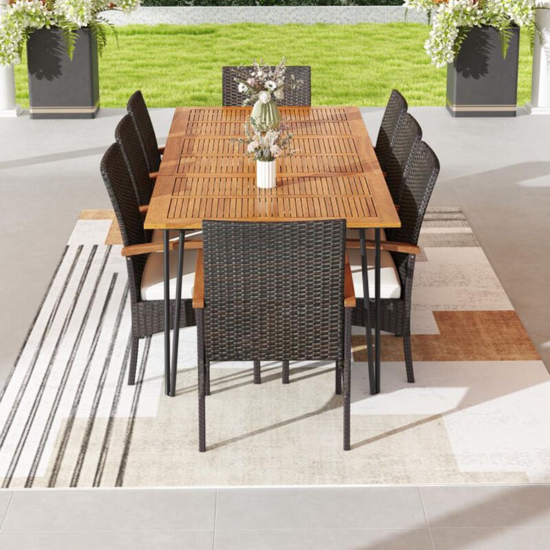 Hivvago 9 Pieces Outdoor Patio Dining Set with Acacia Wood Square Table and Umbrella Hole