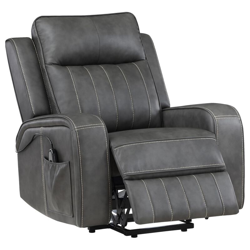 Josen Power Recliner Chair, 36 Inch Gray Faux Leather, Track Armrests - Benzara
