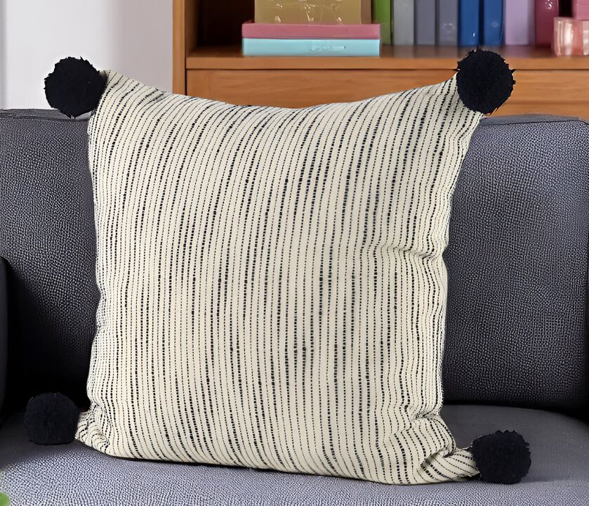 HomeRoots 18" Cream And Black Abstract Wool Blend Throw Pillow Cover with Pompoms