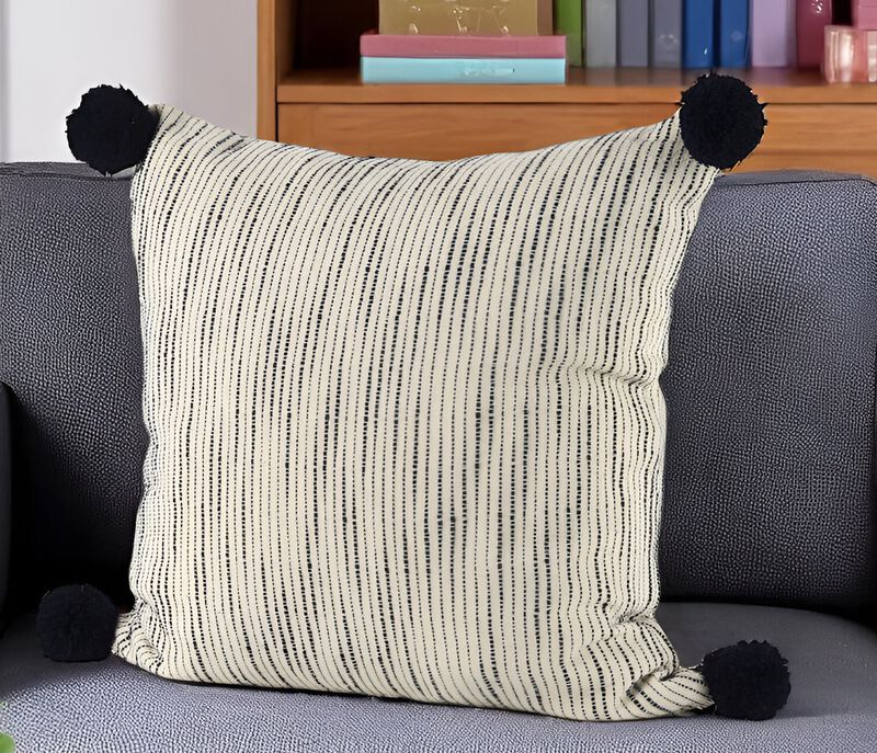 HomeRoots 18" Cream And Black Abstract Wool Blend Throw Pillow Cover with Pompoms image number 1