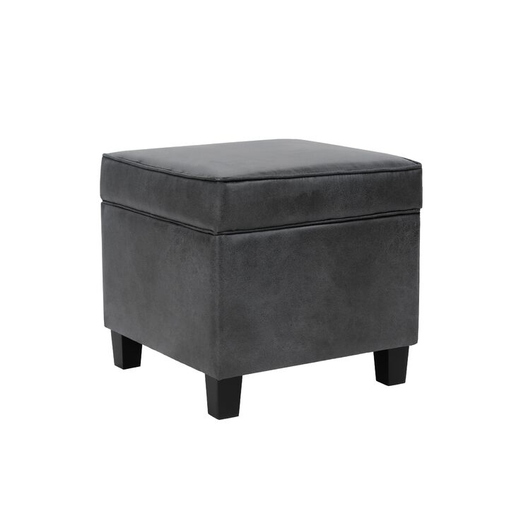 Pyp Square Storage Ottoman, 18 Inch Dark Gray Faux Leather, Black Wood - Benzara