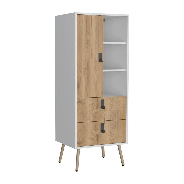 Huna Tall Dresser, Unit with Door, 2 Drawers, and Open Shelves-White / Macadamia