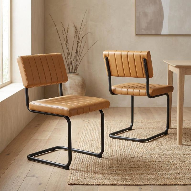 Vegan Leather Dining Side Chair with Cushioned Seat, Black Tan, Set of 2 image number 4