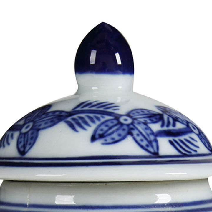 6 Inch Porcelain Jar, Urn Shape, Lid, Floral Design, Blue, White-Benzara