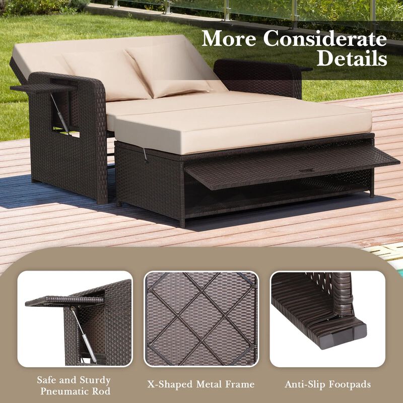 Mondawe Patio Rattan Daybed with 4-Level Adjustable Backrest and Retractable Side Tray