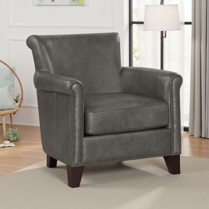 Tria Sofa Accent Chair, Gray Faux Leather, Nailhead Trims, 32 Inch