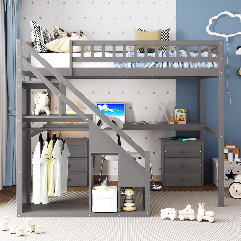 Merax Full Size Loft Bed with Independent Staircase, Desk and LED Lights image number 2