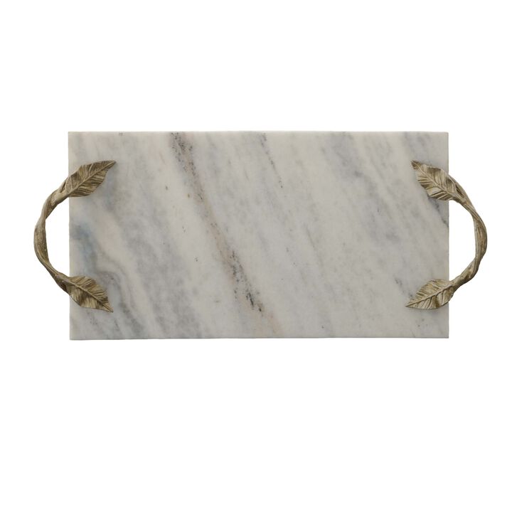 Decor Tray with Marble Frame and Carved Metal Handles, White and Gold-Benzara