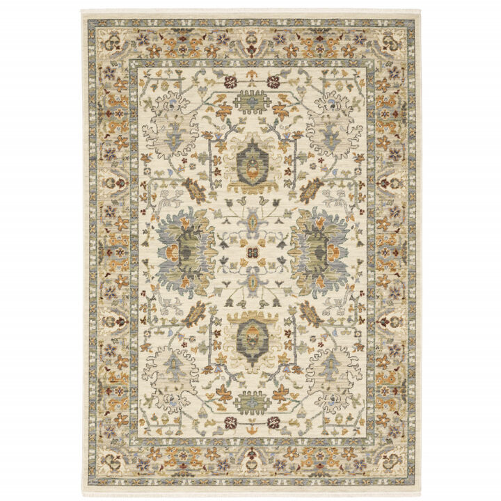 3 X 5 Ivory grey Orange green Blue And Red Oriental Power Loom Stain Resistant Area Rug With Fringe