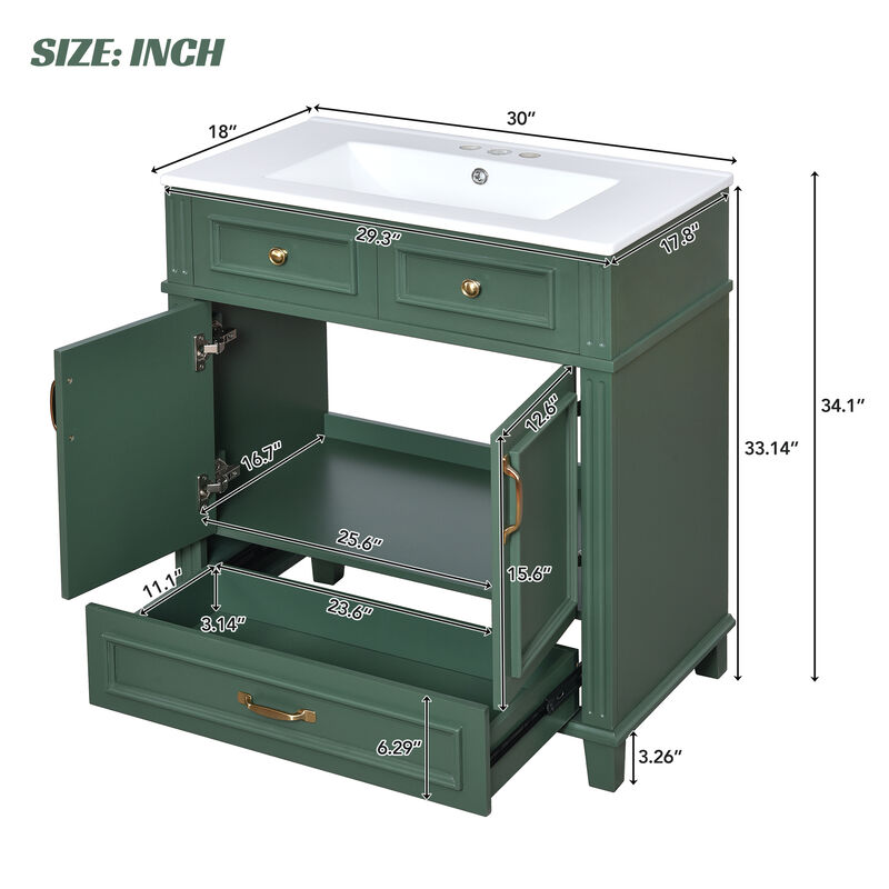 TATEUS 30-Inch Retro Style Bathroom Vanity with Ceramic Sink