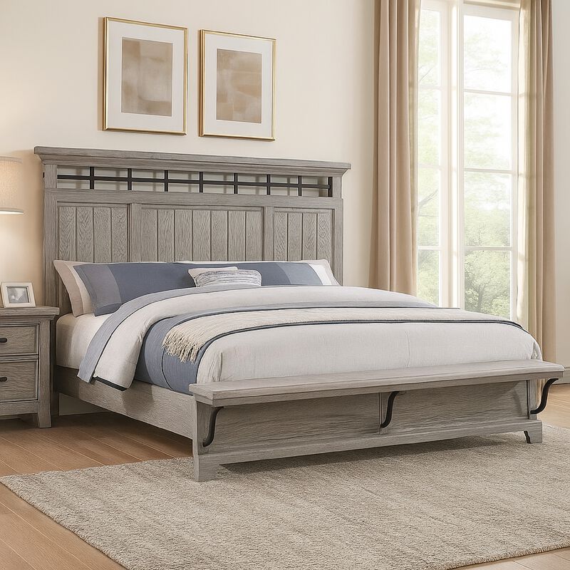 Bix King Size Bed w Upholstered Footboard, Light Gray Wood Grain