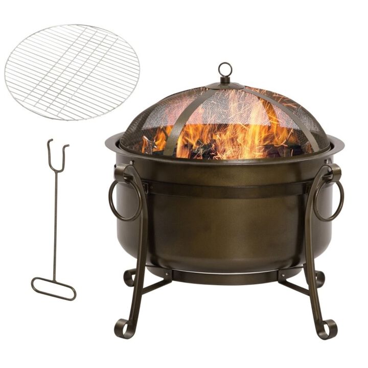 QuikFurn Outdoor Wood Burning Fire Pit Cauldron Style Steel Bowl w/ BBQ Grill, Log Poker, and Mesh Screen Lid