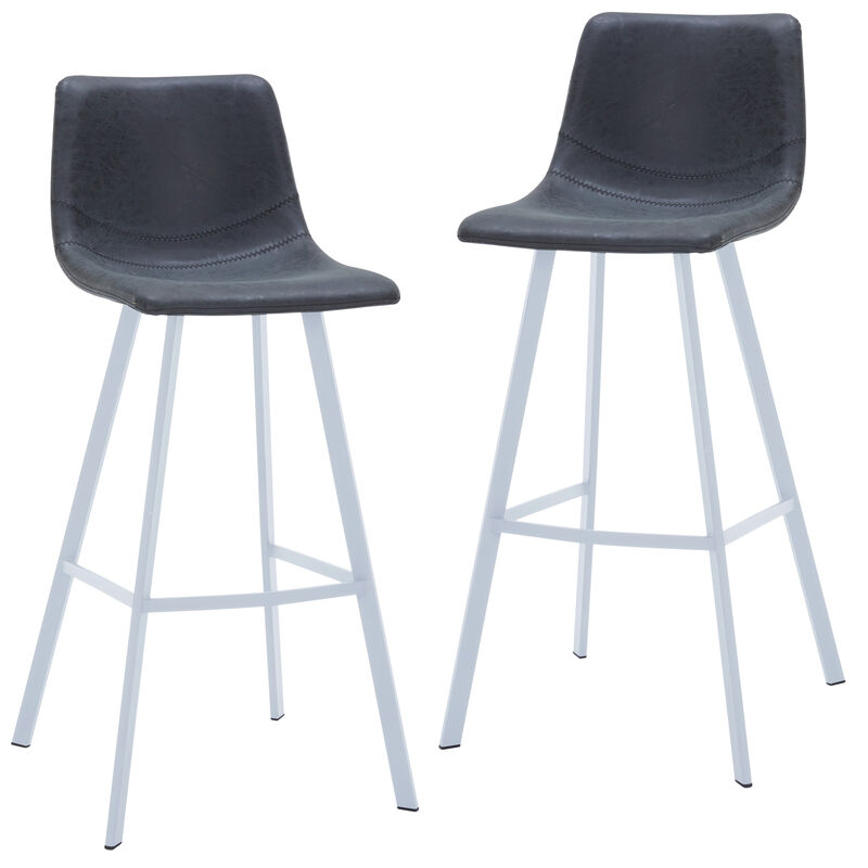 LeisureMod Elland 41" Upholstered Leather Bar Stool with Iron Legs - Modern White Base and Footrest Counter Height Stool for Kitchen and Bar, Set of 2