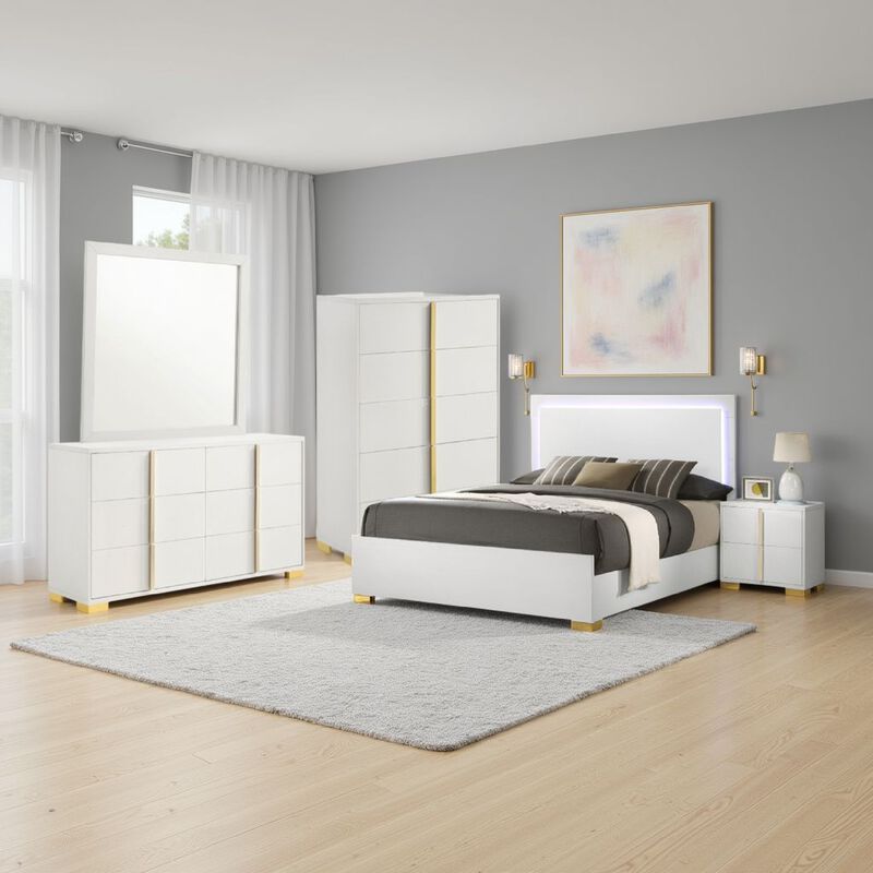 Dex 5pc Queen Bedroom Set with Modern LED Headboard, Mirror, White