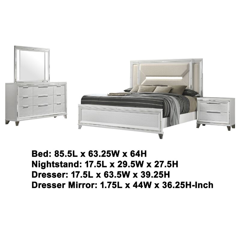 Mory 4pc Queen Bedroom Set, Herringbone Pattern, LED, White Wood
