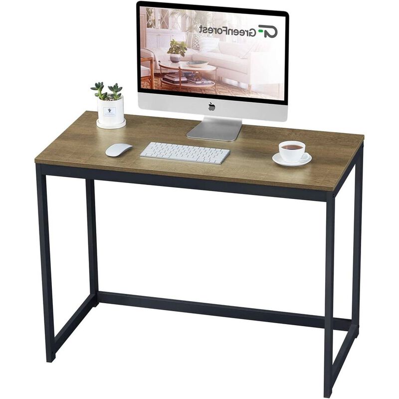 Hivvago Small Home Office Modern Laptop Computer Desk Table Metal Frame Brown Wood Top