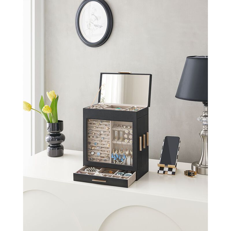 Elegant 5-Layer Jewelry Box with Glass Window, Vertical Storage Space, and Large Mirror image number 7
