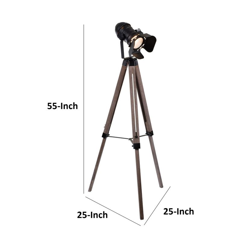 55 Inch Floor Lamp with Tripod Style Wood Frame, Spotlight, Brown and Black - Benzara image number 4