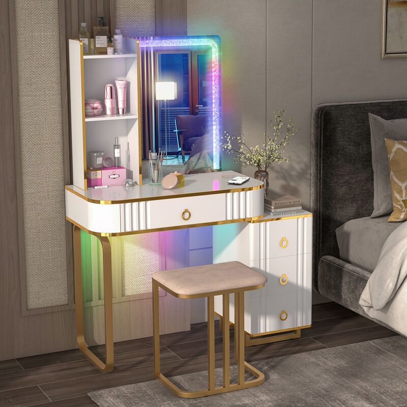 Vanity Table Set with RGB LED Lights and Wireless Charging Station