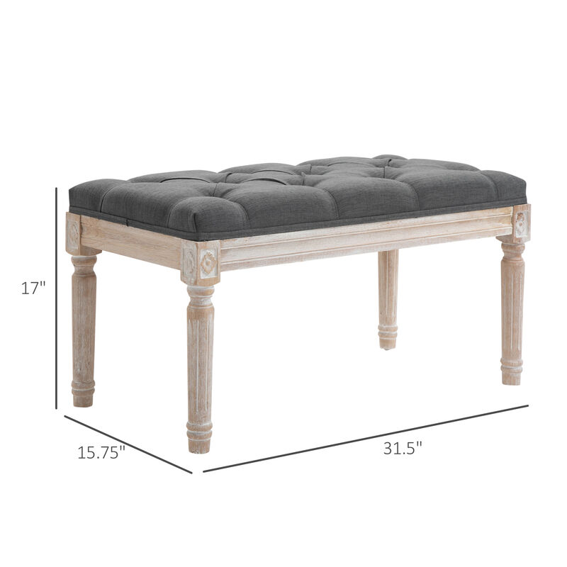 HOMCOM 32" Vintage Ottoman, Tufted Footstool with Upholstered Seat, Distressed Wood Legs for Bedroom, Living Room, Gray