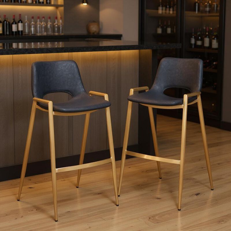 HomeRoots Set of Two 30" Black and Gold Faux Leather and Steel Low Back Bar Height Bar Chairs