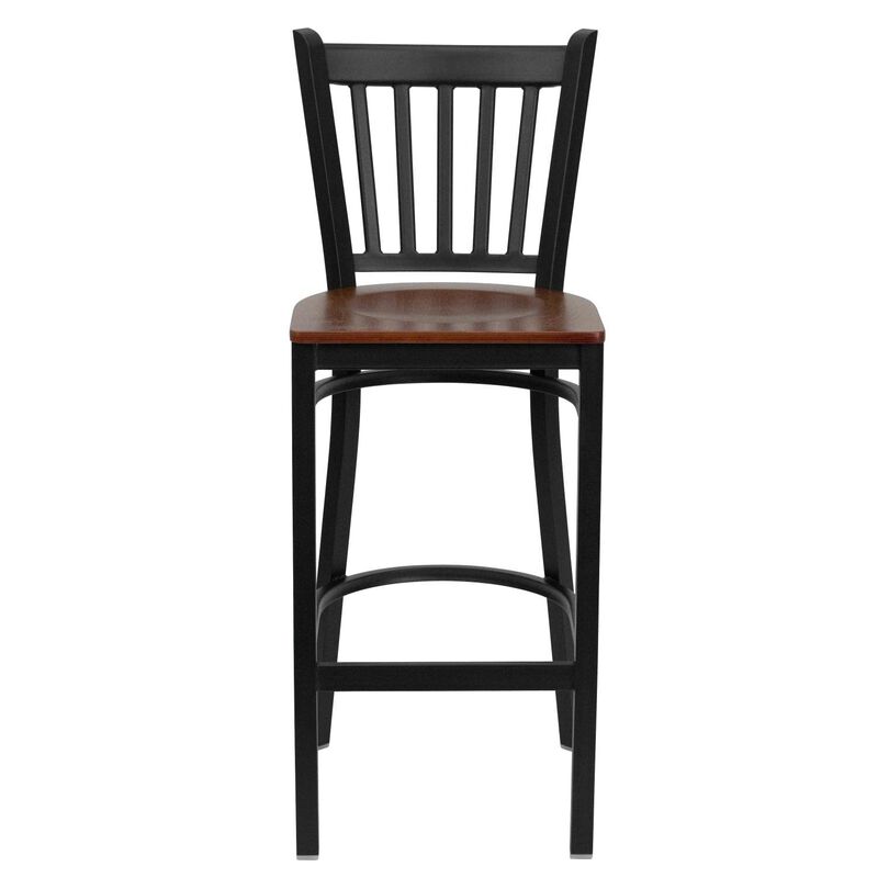 Flash Furniture HERCULES Series Black Vertical Back Metal Restaurant Barstool - Cherry Wood Seat