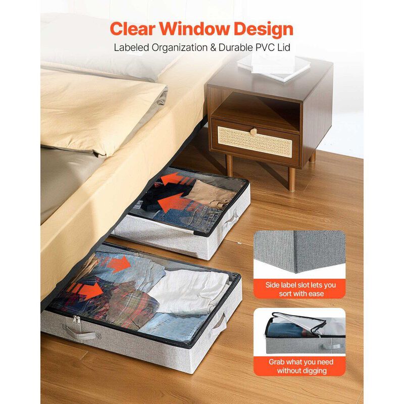 Set of 2 Under Bed Storage Containers with Clear Lids for Clothes, Shoes, and Blankets-Grey image number 5